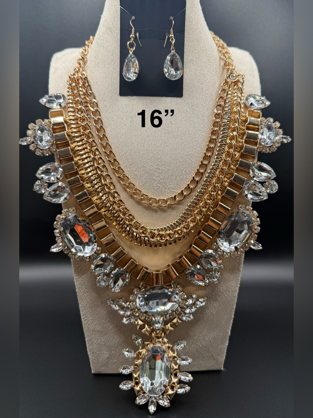 Gold Crystal Statement Necklace Set